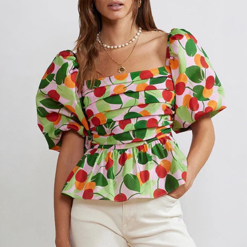 KITRI Lois Fruit Print Puff Sleeve Peplum Cotton Top Size 6
